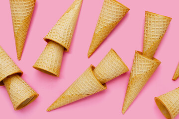Waffle cones on pink background