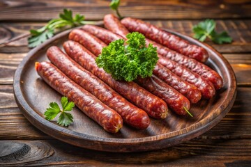 A plate of sausages with parsley on top