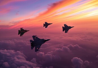 Cinematic wallpaper of Air Force silhouettes flying over the national flag with sunrise in the...