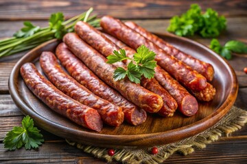 A plate of sausages with parsley on top
