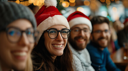 Obraz premium Cheerful friends celebrating the holiday season, wearing festive hats, enjoying a joyful gathering with warm lights in the background.