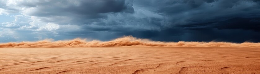 Dramatic desert landscape showcasing dark clouds and swirling sand against a backdrop of shifting dunes and impending storms.