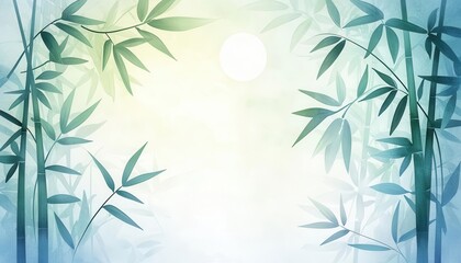 Bamboo forest under the moonlight, subtle blues and greens in a watercolor wash, with soft shadows creating a mystical ambiance