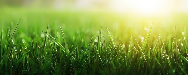 Obraz premium Lush green grass glistens in the sunlight, evoking a sense of freshness and tranquility in a natural setting.