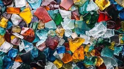 Close-up of colorful broken glass pieces, featuring a variety of vibrant colors and textures creating a captivating and artistic visual pattern.