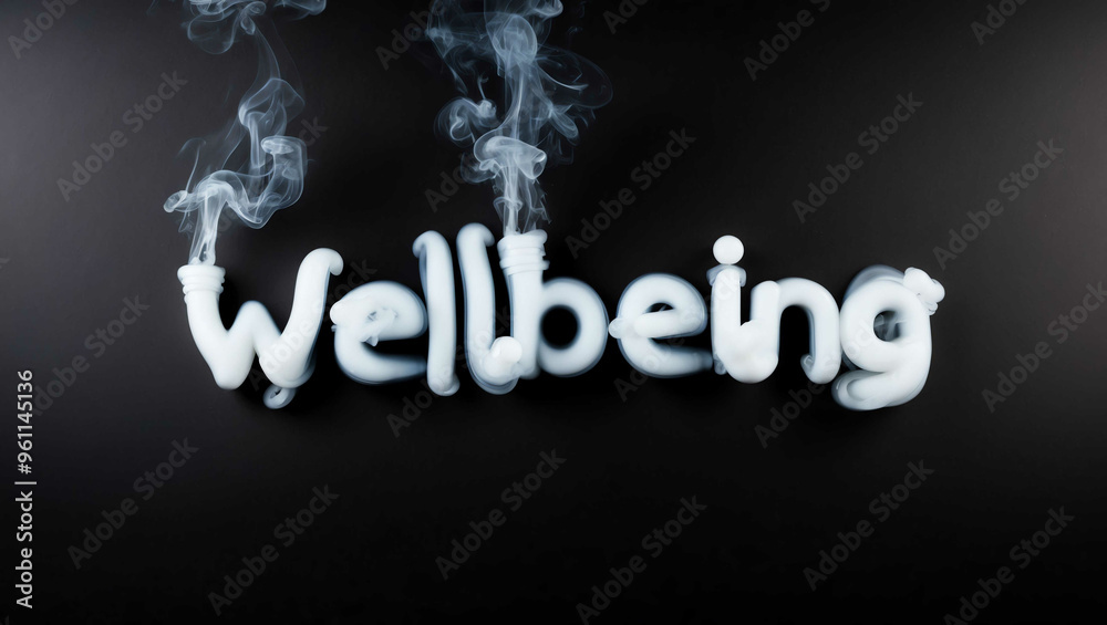 Wall mural wellbeing word made of smoke on black background