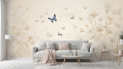 A beautiful wallpaper featuring a serene scene of delicate flowers and graceful swan butterflies. The design captures the elegance of blooming flowers intertwined with fluttering butterflies