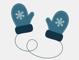 Blue mittens with snowflake pattern. Warm accessory for winter. Decorative element  for Christmas design. Vector illustration. 