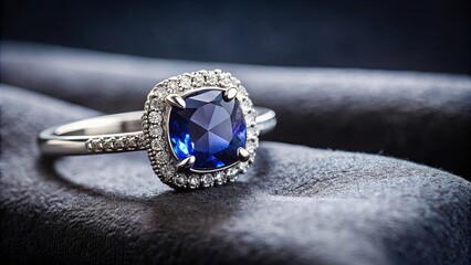 A luxurious indigo gemstone ring on a silver band resting on a black velvet cushion