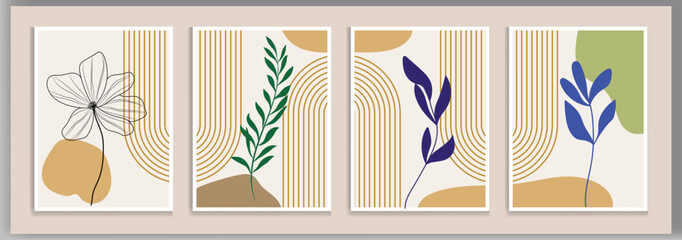 Botanical wall art vector set. Water color boho foliage line art drawing with abstract shape. Abstract organic shapes, floral minimal trendy vector natural wall art