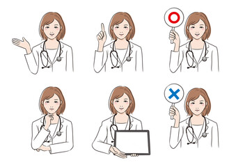 線画人物　医者女性のポーズセット　案内　悩む　タブレットで説明　マルバツ　花束を持つ　
