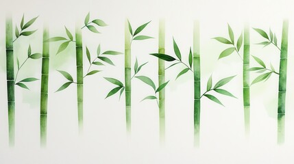 Stylized bamboo forest with intricate watercolor details, highlighting the beauty of nature in bold, vibrant greens