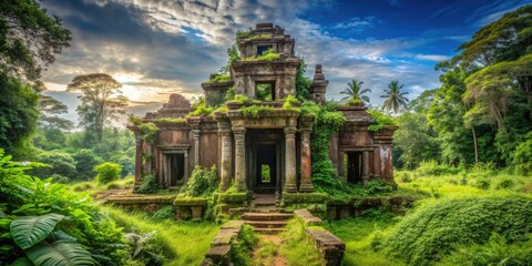 Naklejka premium Ruined temple surrounded by overgrown greenery , ancient, abandoned, architecture, broken, decay, deterioration