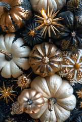 Top-Down Photo of Black, White, and Gold Decorative Pumpkins