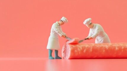 Miniature Chefs Cutting a Sausage on a Pink Background