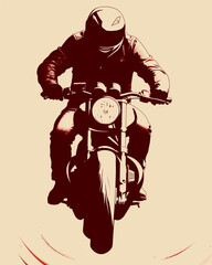Naklejka premium A man is riding a motorcycle with a helmet on. The man is wearing a leather jacket and jeans. Concept of freedom and adventure