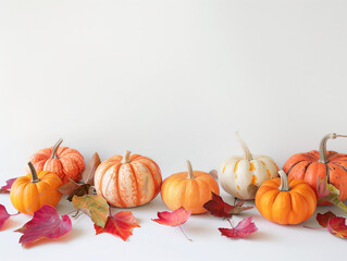 Minimalist Autumn Table Setting with Pumpkins and Leaves with copy space