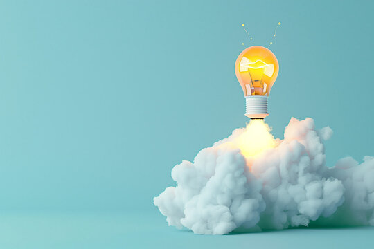 Creative Light Bulb Rocket Launching with Smoke in Blue Sky with copy space