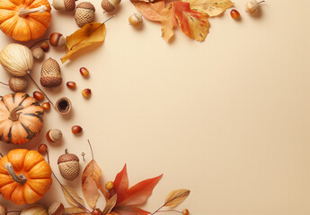 Autumn Elements with Acorns, Leaves, and Pumpkins on Beige Background with copy space