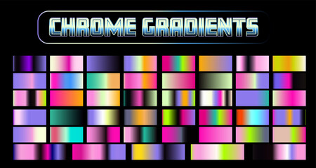 Holographic gradients of bright chrome metallic colors for design and vector illustrations.