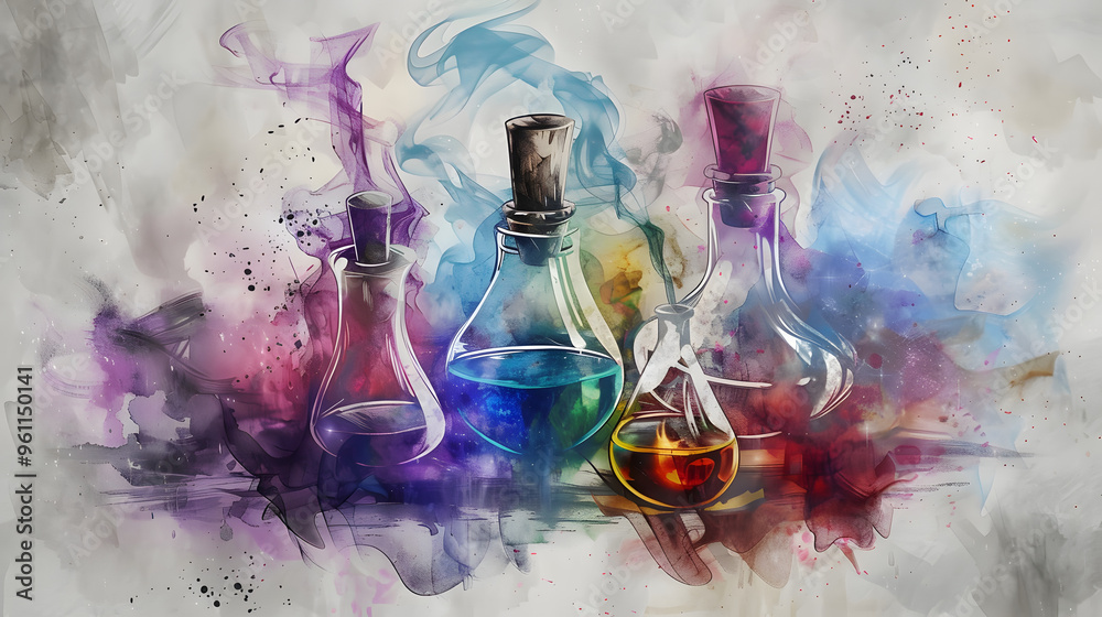 Wall mural alchemy magic watercolor art drawing style