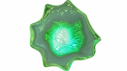 Realistic 3D animation of the abstract morphing liquid iridescent green shape with fractal patterns rendered in UHD with white background