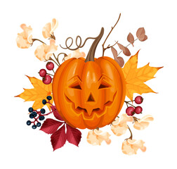 Jack-o'-lantern with autumn leaves, berries, and white flowers, perfect for Halloween or fall-themed designs, featuring vibrant seasonal colors and festive details.