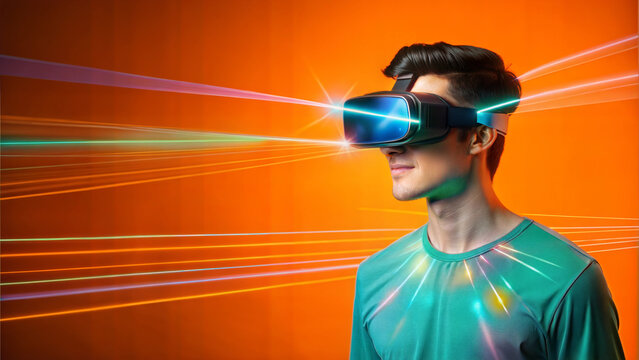 Young man wearing virtual reality goggles against orange background with binary code lines - Powered by Adobe
