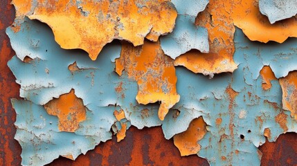 Close-up of peeling paint on rusted metal surface, showcasing texture and vibrant colors of decay and oxidation.
