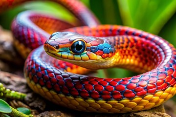 Obraz premium A colorful snake with a blue head and red and yellow stripes