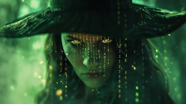 A captivating portrayal of a futuristic witch, her glowing eyes and dark hat set against a matrix-inspired backdrop of green digital code. The eerie atmosphere blends technology and mysticism