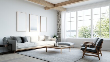Fototapeta premium Bright and airy living room featuring modern furniture, large windows, and decorative art for a cozy atmosphere.