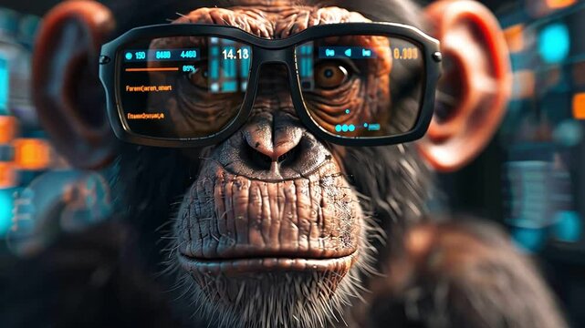 Monkey with holographic screens showing social media metrics, futuristic