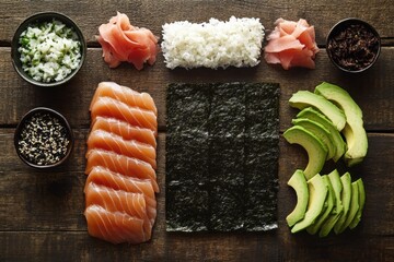 A sushi preparation setup featuring salmon, avocado, rice, and seaweed on a wooden surface.