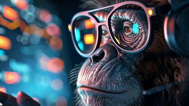 Monkey with holographic screens showing social media metrics, futuristic