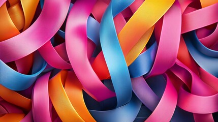 Colorful ribbons intertwine and overlap in a vibrant abstract pattern.