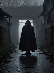 Mysterious Figure in Foggy Village Street