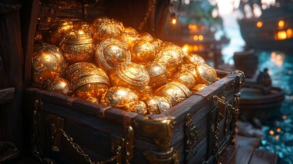 Fototapeta premium A Wooden Chest Overflowing with Golden Orbs