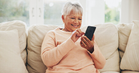 House, old woman and smartphone with typing, internet and message for contact, texting and relax....