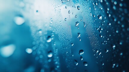 Close-up of water droplets on a glass surface. The image showcases the beauty of fresh rain and condensation in a serene, blue ambiance.