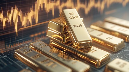 Stacks of gold bars on a financial graph background, representing increasement of  wealth, investment, and the global economy.