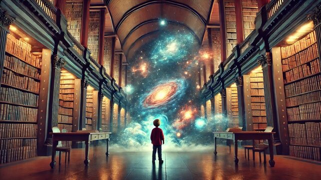 A Young Boy in a Grand Library Gazing at a Cosmic Galaxy