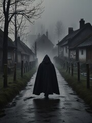 Mysterious Figure in Foggy Village Street