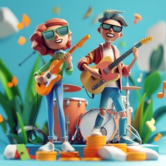 Playful cartoon characters enjoying a vibrant music scene with guitars, celebrating creativity and fun in a colorful setting.