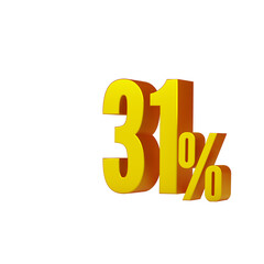 3d illustration of golden number 31 percent or 31% isolated on white background. 3d render.