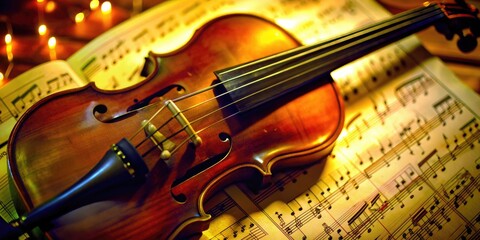 Fototapeta premium Close up of a violin with sheet music in the background, violin, music, instrument, strings, classical, symphony, melody