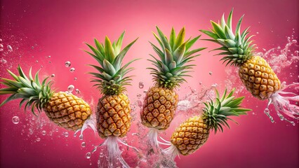 Fototapeta premium Fresh pineapples falling into water on a vibrant pink background