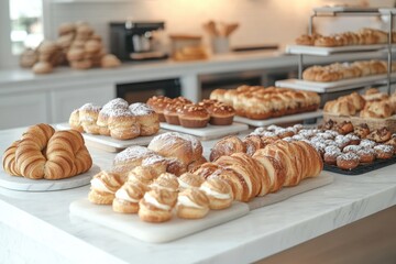 A variety of freshly baked pastries displayed on a marble countertop.