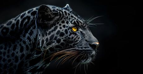 Obraz premium Black leopard with yellow eyes in the dark