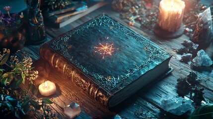 Old magic book on wooden table with light rays coming out form the inside